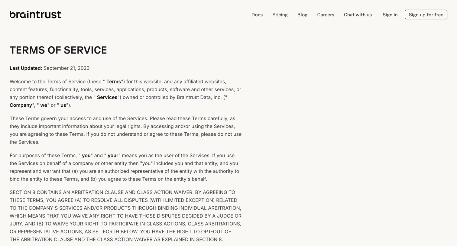 Braintrust - Terms of Service - Braintrust screen