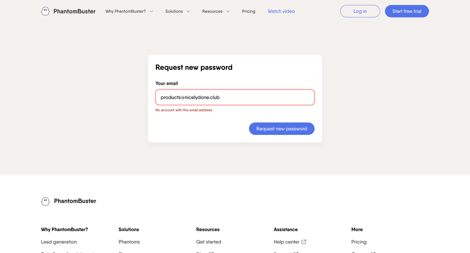 PhantomBuster - Request new password | PhantomBuster screen