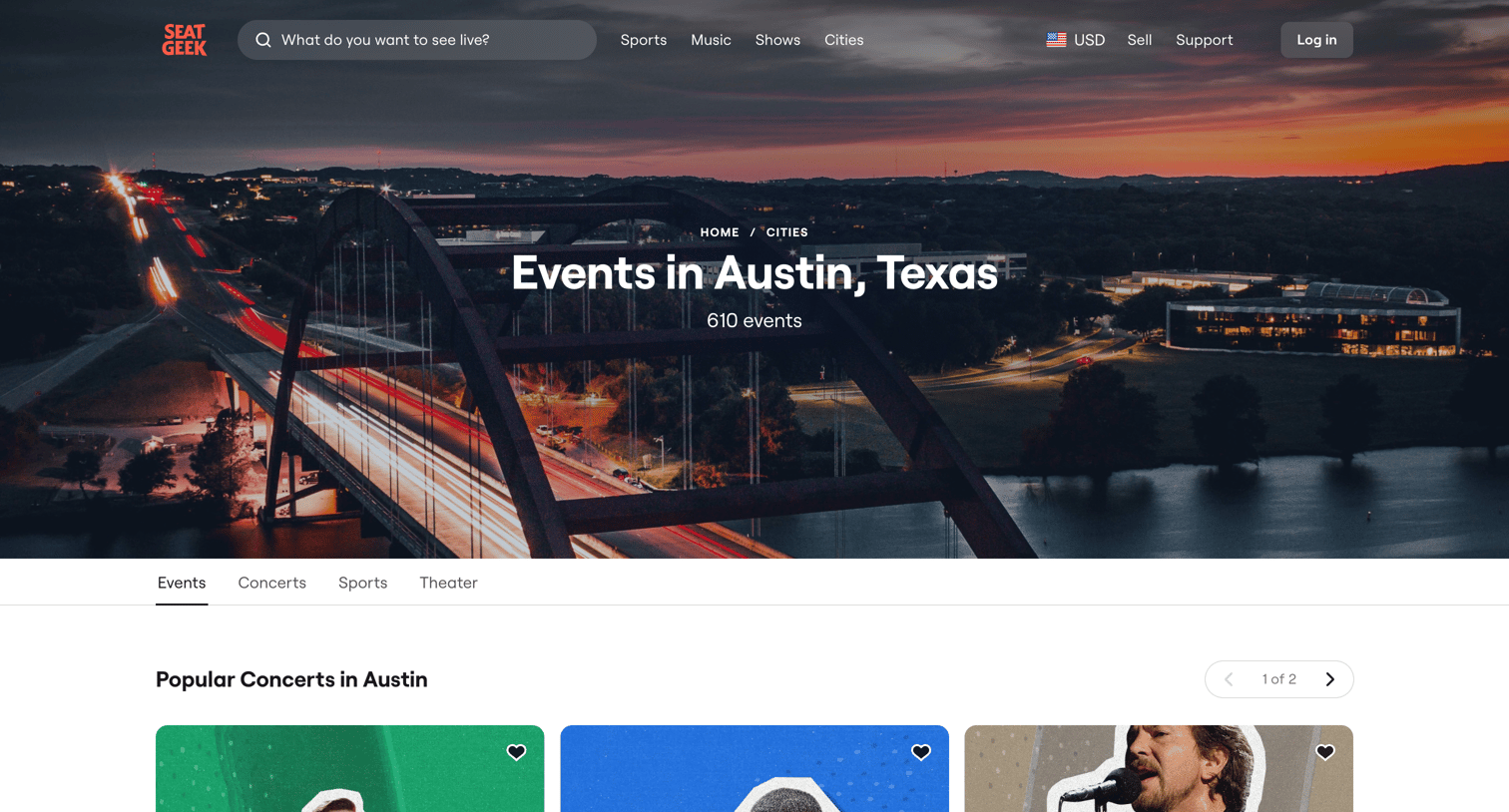 SeatGeek - Austin Events, Sports, Concerts, Live Show Tickets | Schedules  Se screen