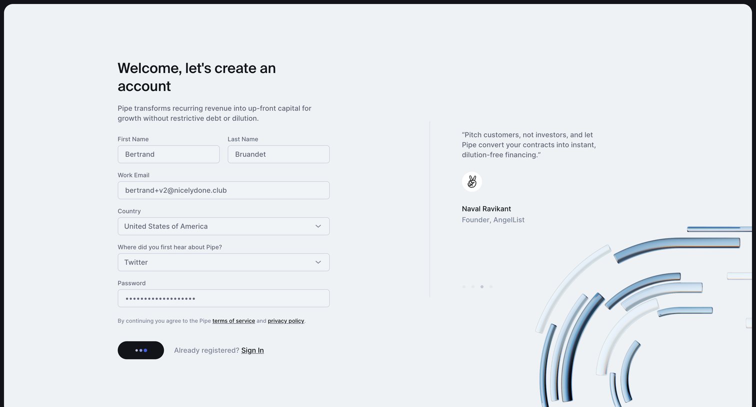 Pipe - Lets create an account screen