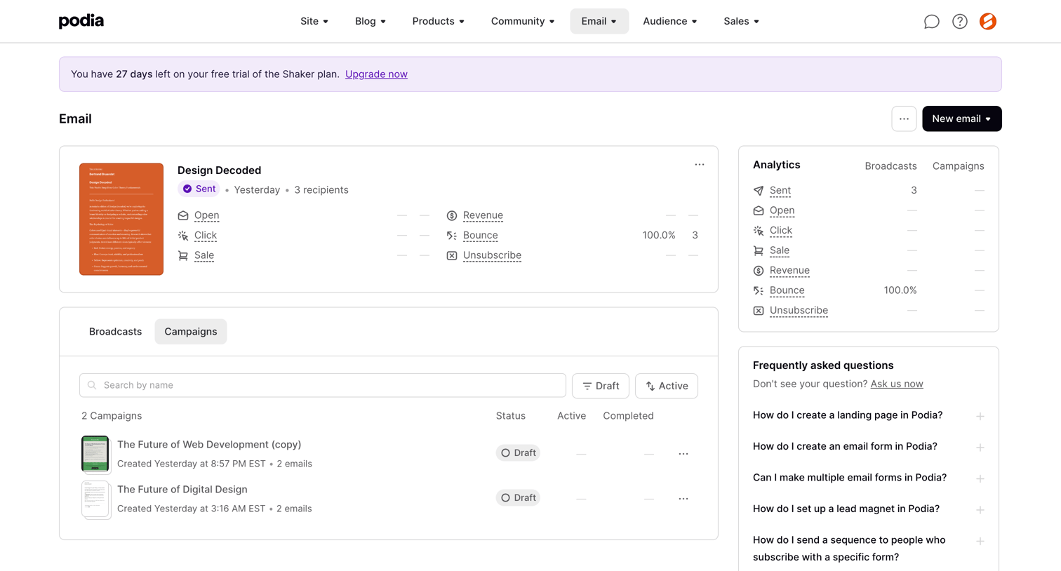 Podia - Podia Email screen