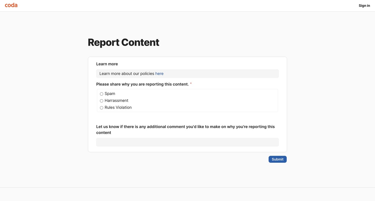 Coda - Report Content screen