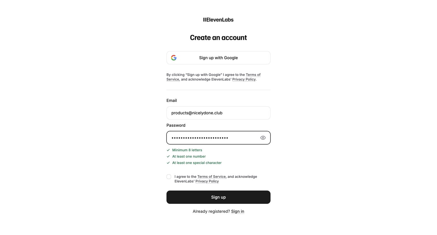 Elevenlabs - Sign Up | ElevenLabs screen