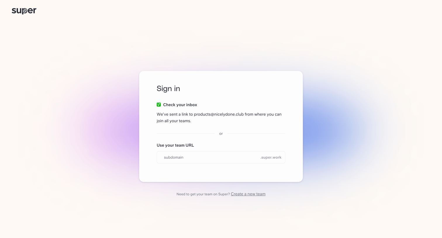 Super - Sign in to your workspace | Super screen