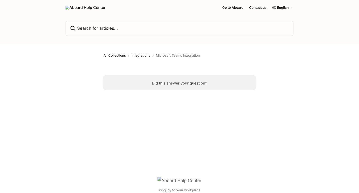 Aboard - Microsoft Teams Integration Aboard Help Center screen
