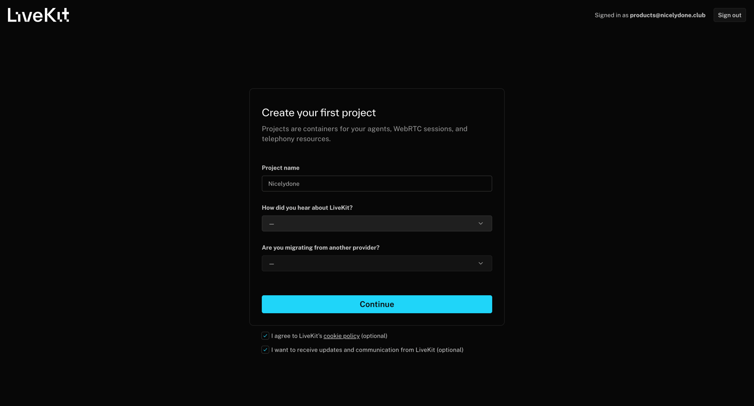 Livekit - New Project | LiveKit Cloud screen