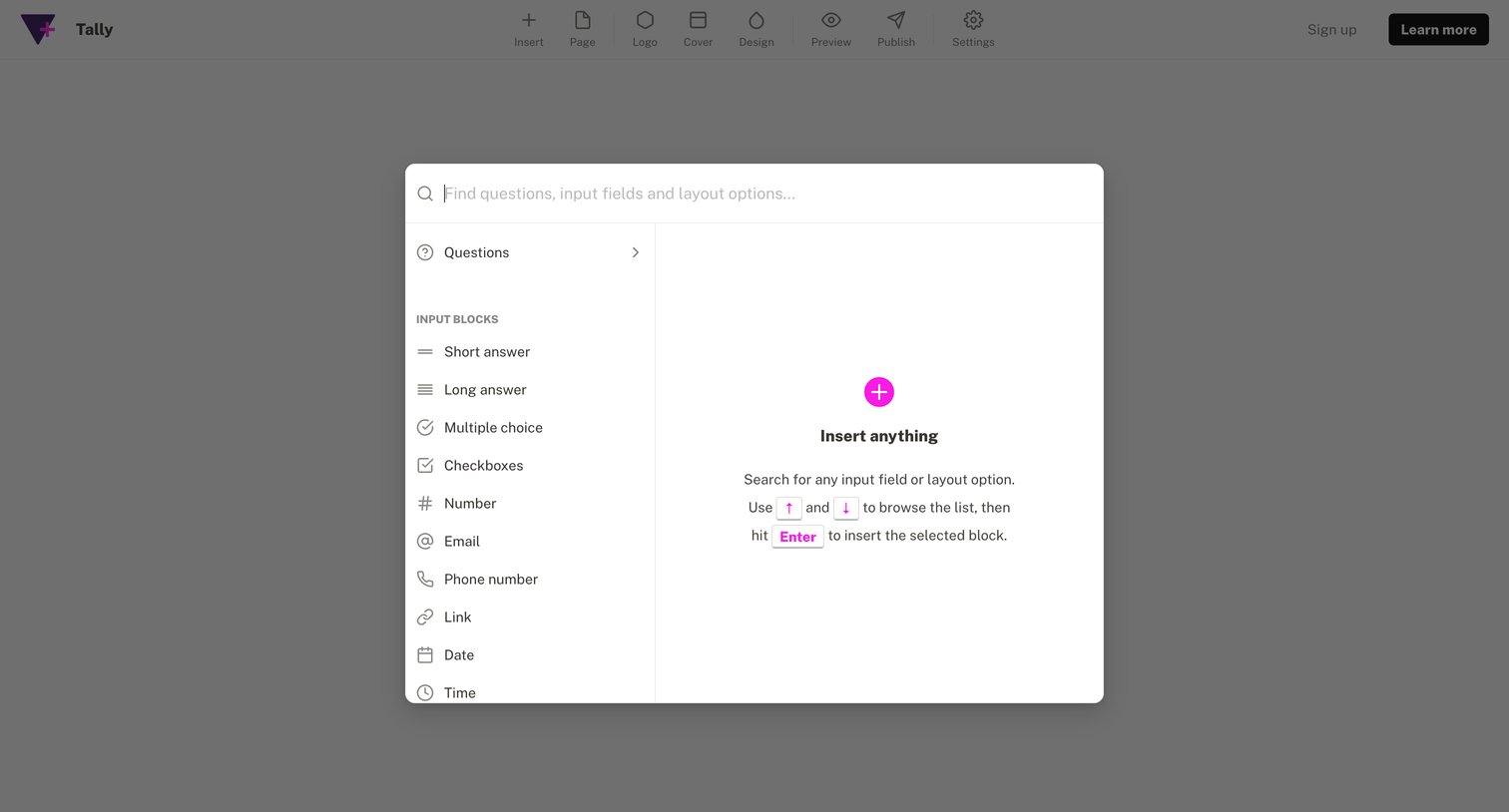 Tally - Create form - Tally screen