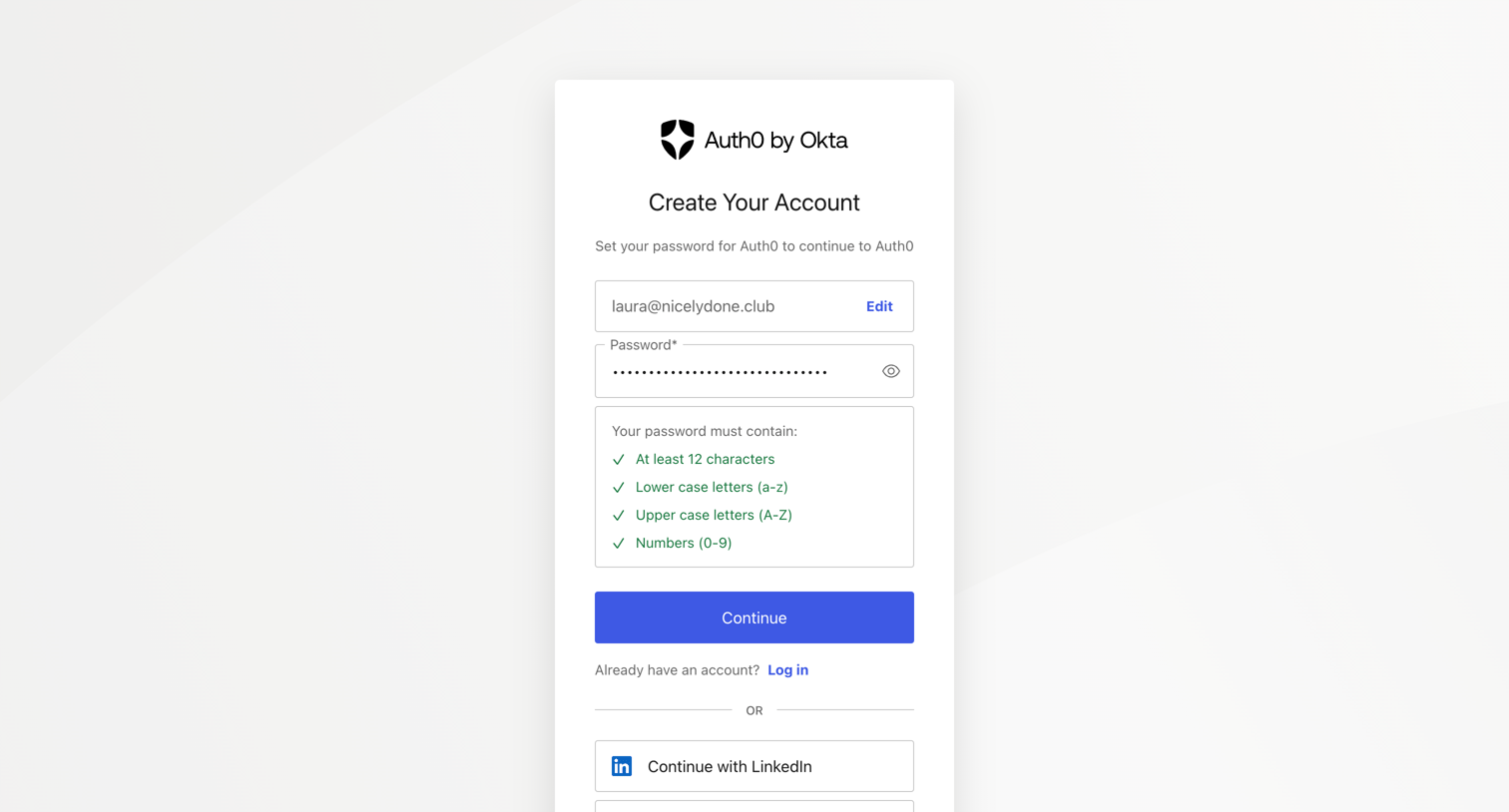 Auth0 - Create a password to sign up | Auth0 screen
