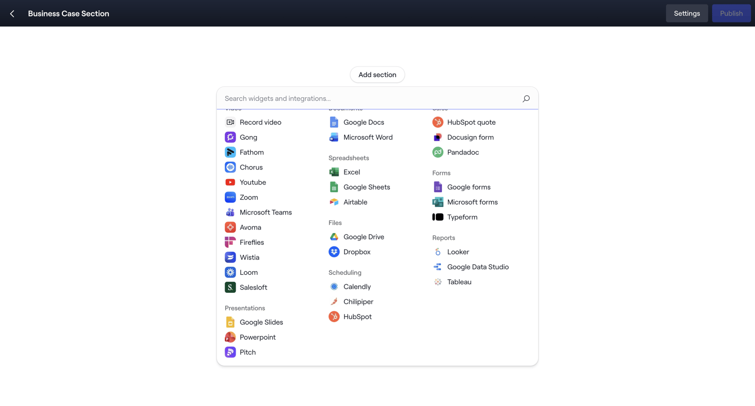 Dock - Editing: Business Case Section screen