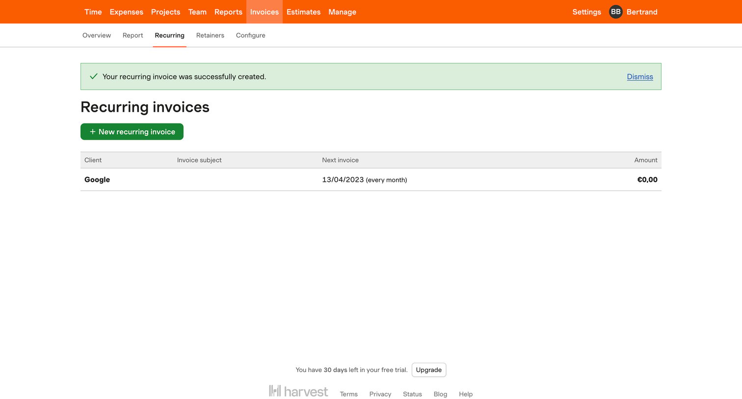 Harvest - Recurring invoices – nicelydone – Harvest screen