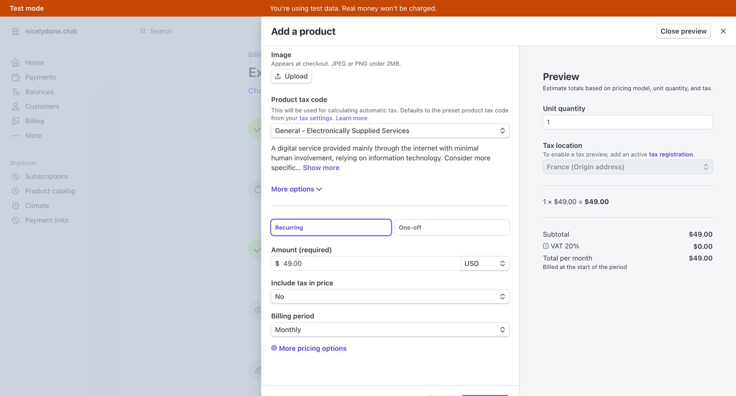 Stripe - Dashboard – nicelydone.club – Stripe [Test] screen