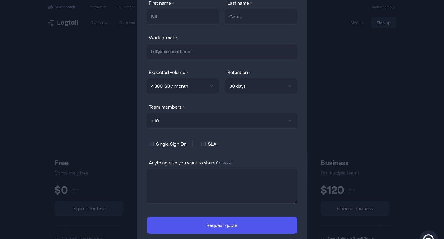 Better Stack - Pricing | Logtail screen
