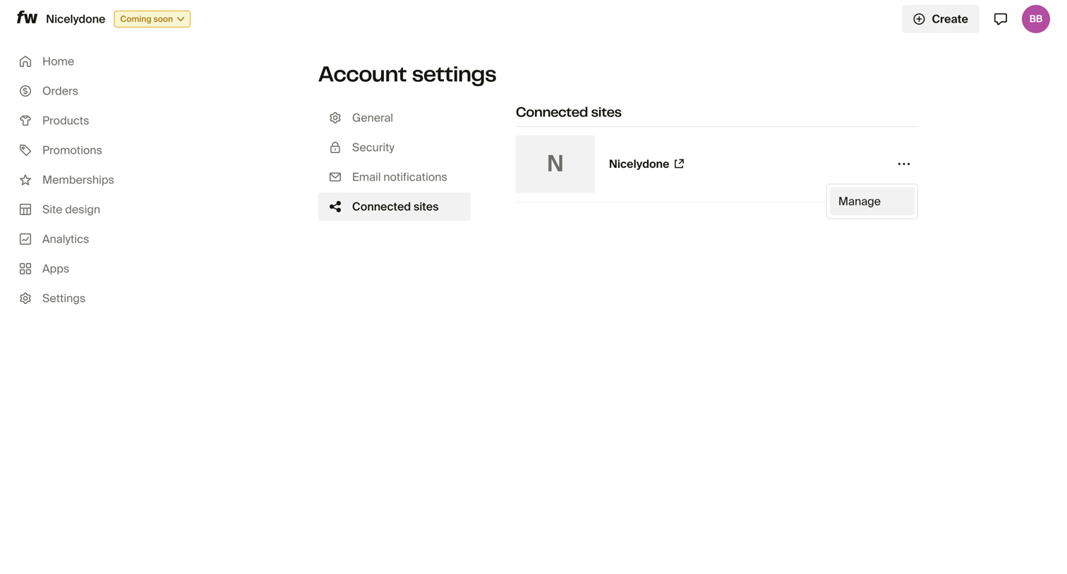 Fourthwall - Connected sites – Account settings – Dashboard screen
