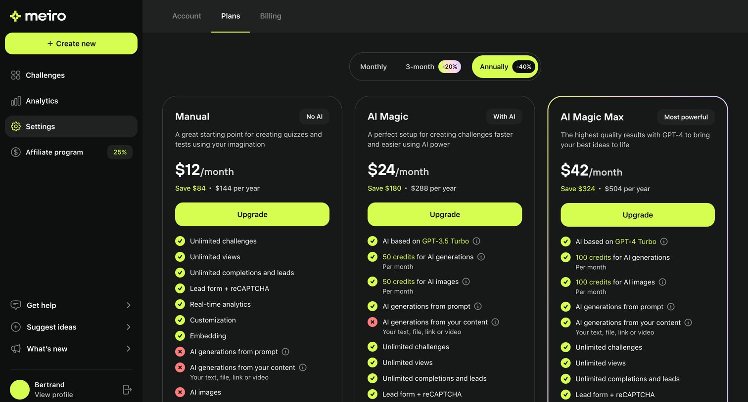 Meiro - Plans · Meiro screen