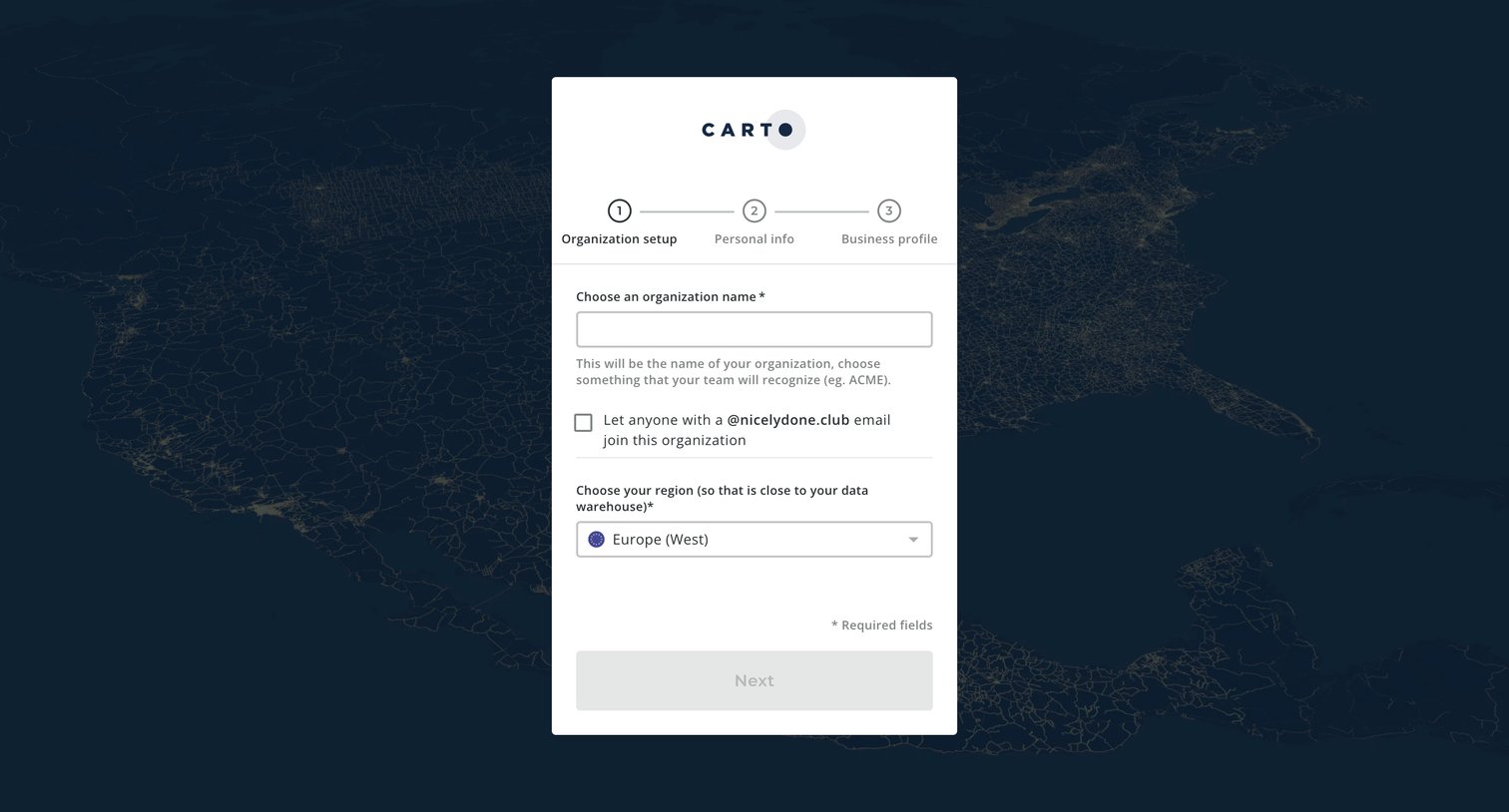 Carto - CARTO Accounts screen