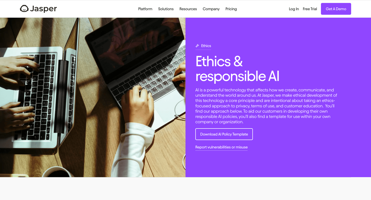 Jasper - Ethics and Responsible AI - Jasper, the better AI for business screen