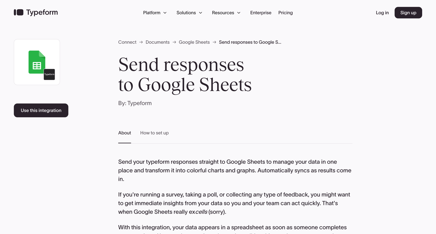 Typeform - Send responses to Google Sheets Typeform Connect screen