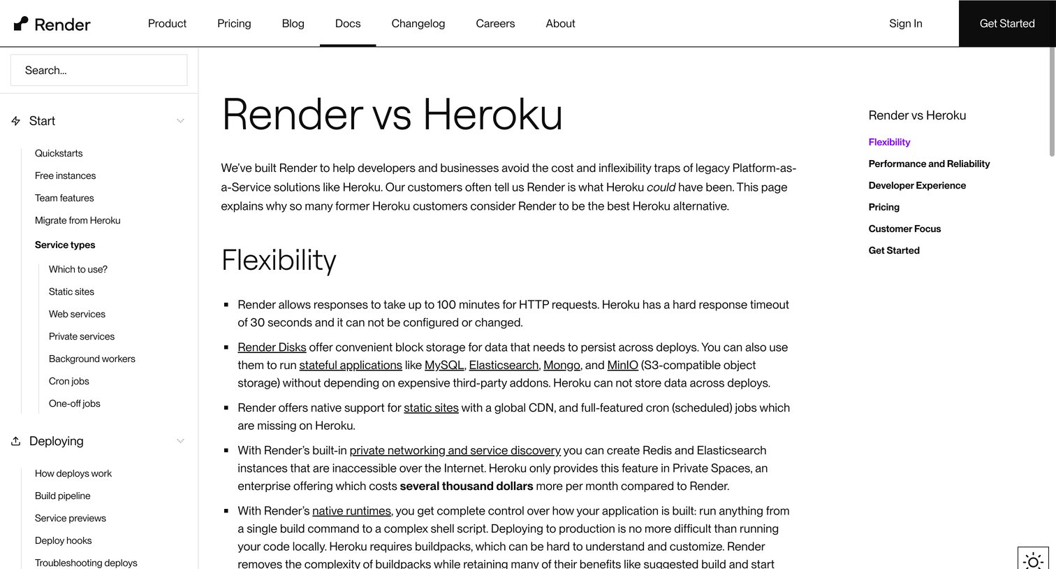 Render - Render vs Heroku | Render Docs screen