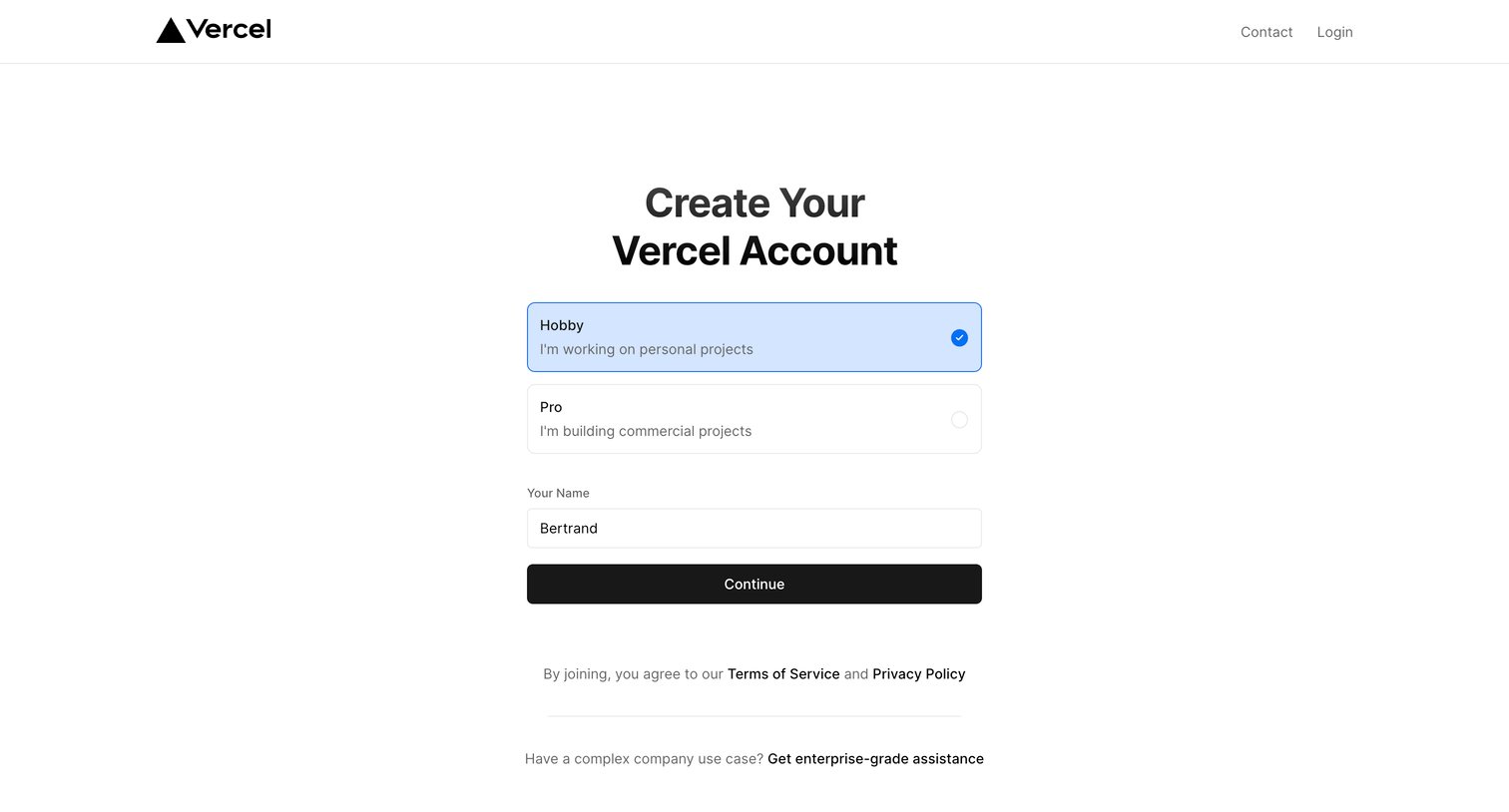 Vercel - Sign Up – Vercel screen