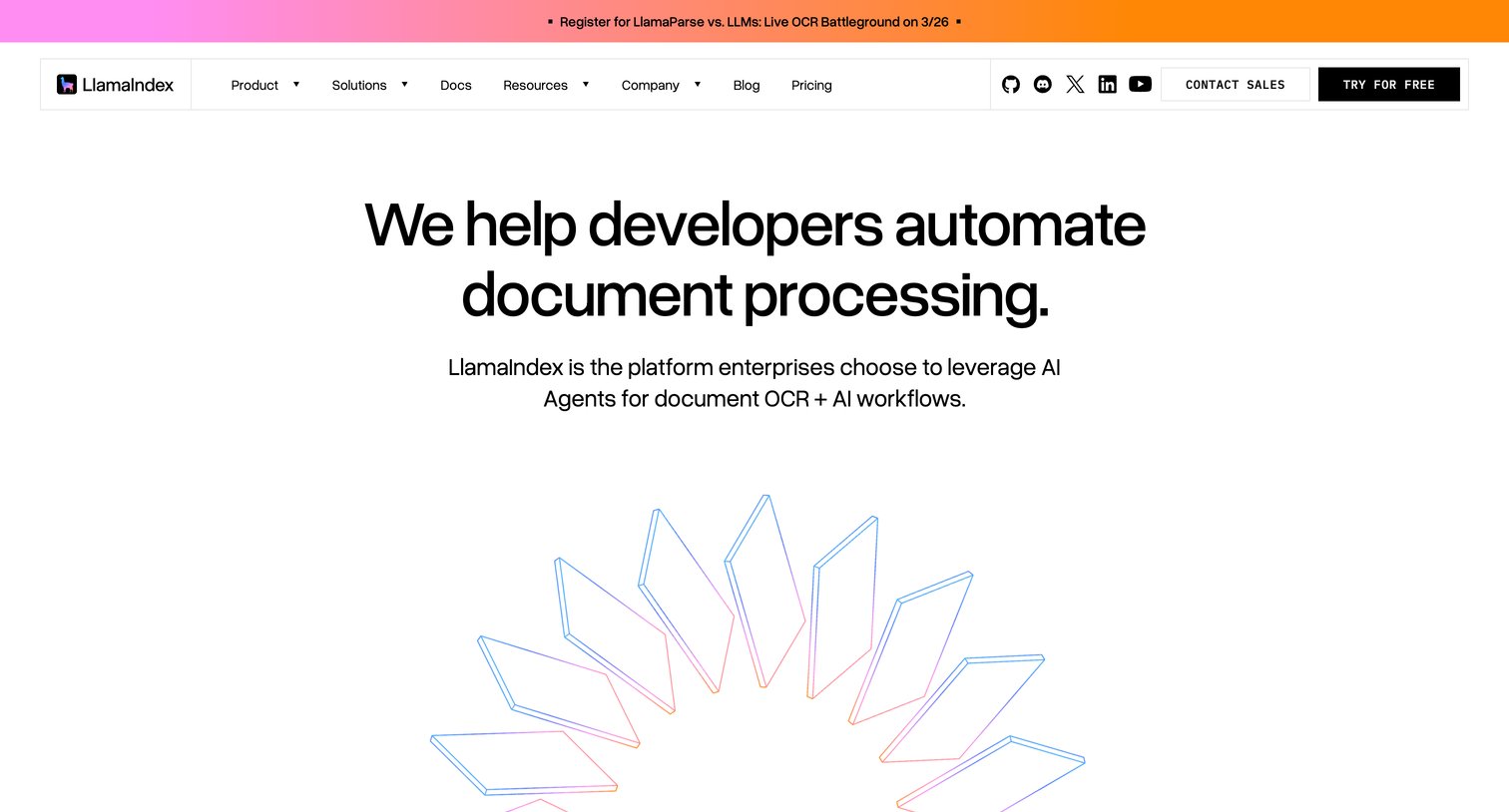 Llamaindex - LlamaIndex - About Us  AI Agents for Document OCR + AI workflows screen