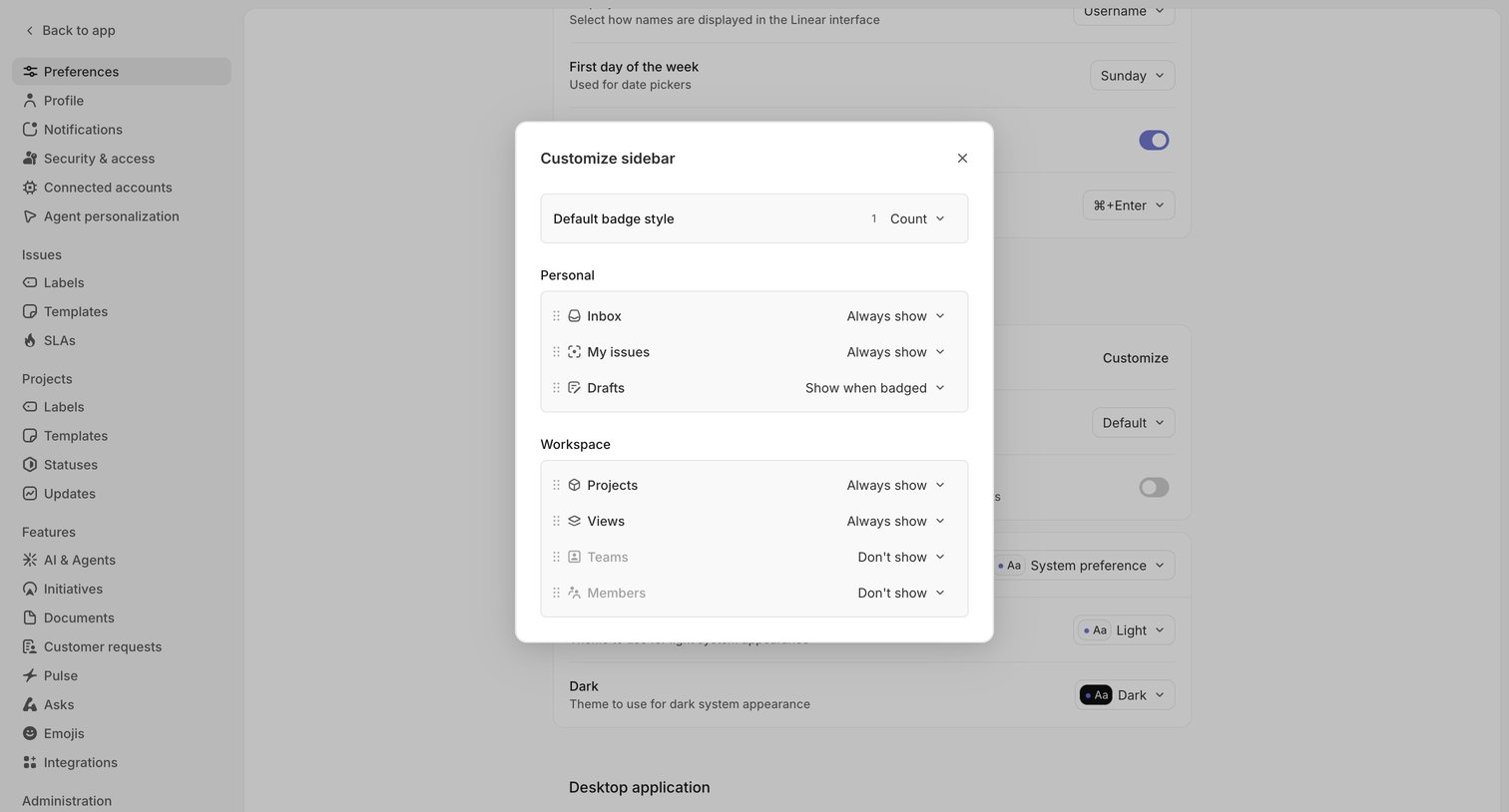 Linear - Preferences screen
