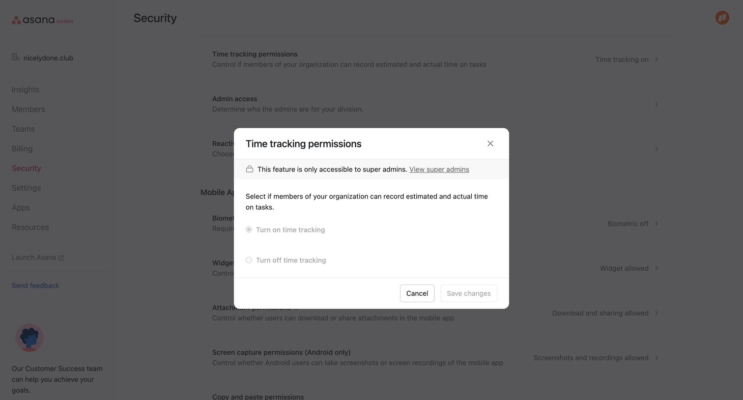 Asana - Admin console screen