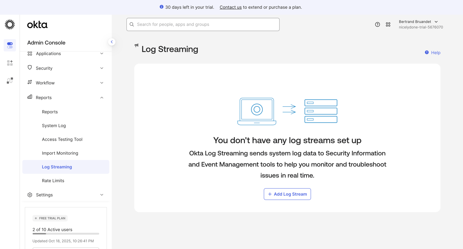 Okta - nicelydone-trial-5676070 - Log Streaming screen