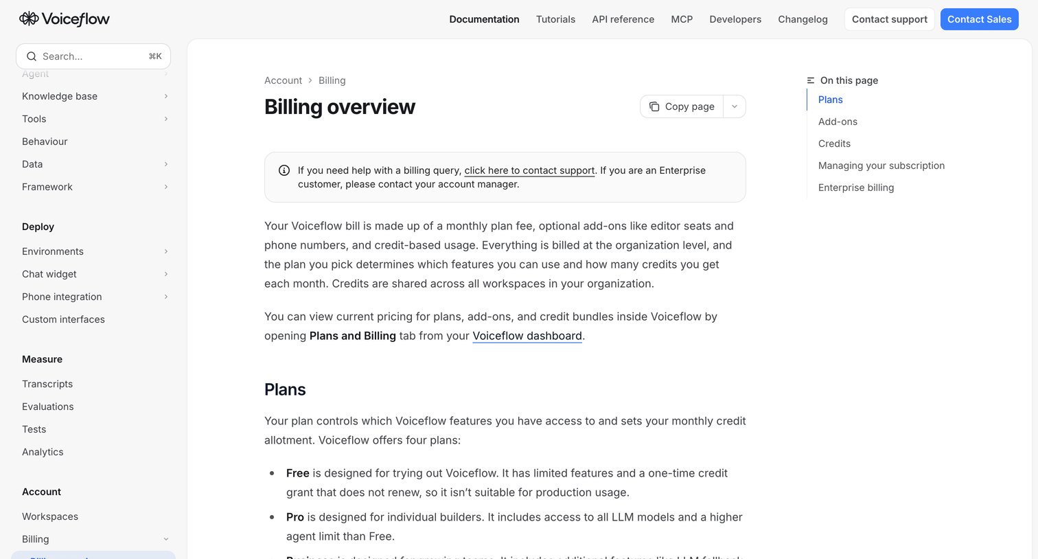 Voiceflow - Billing overview - Voiceflow Documentation screen