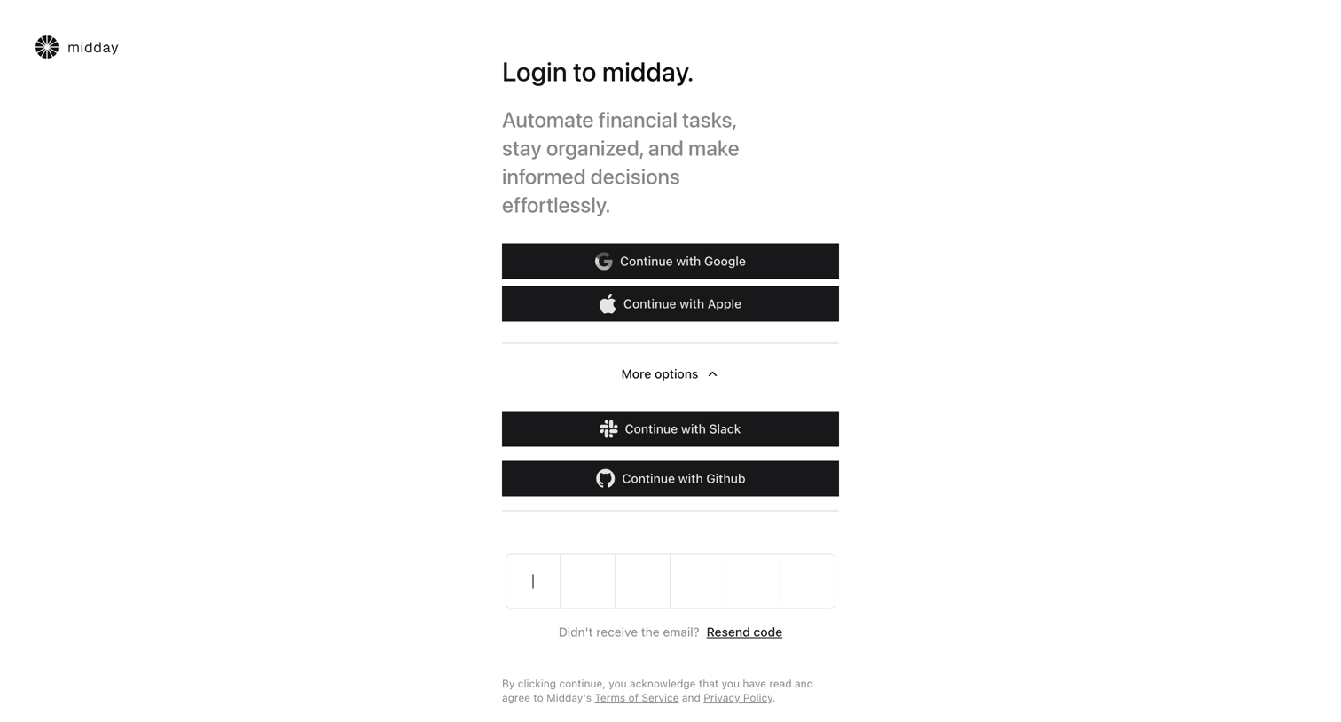 Midday - Login | Midday screen