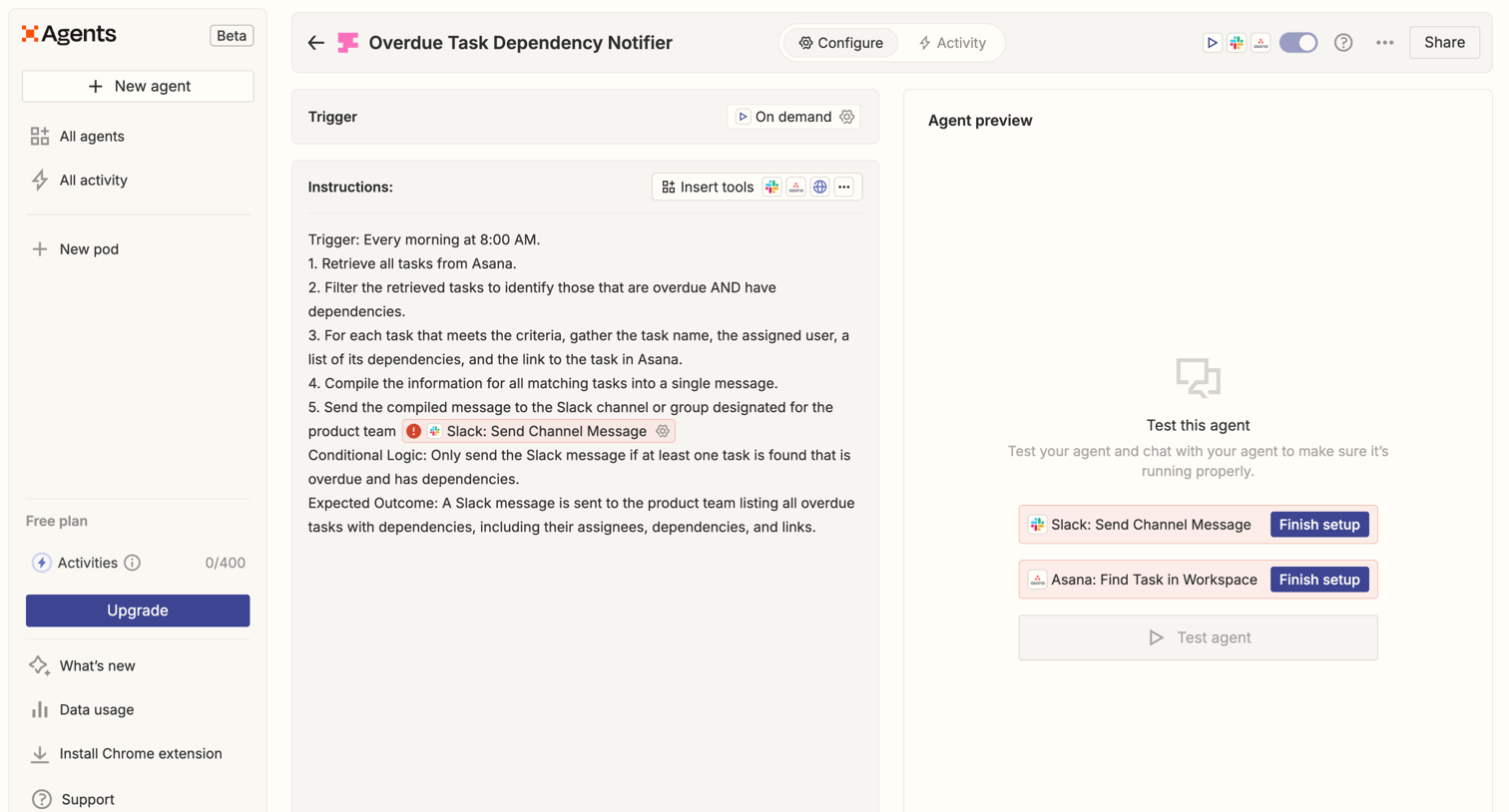 Zapier - Overdue Task Dependency Notifier | Zapier Agents screen