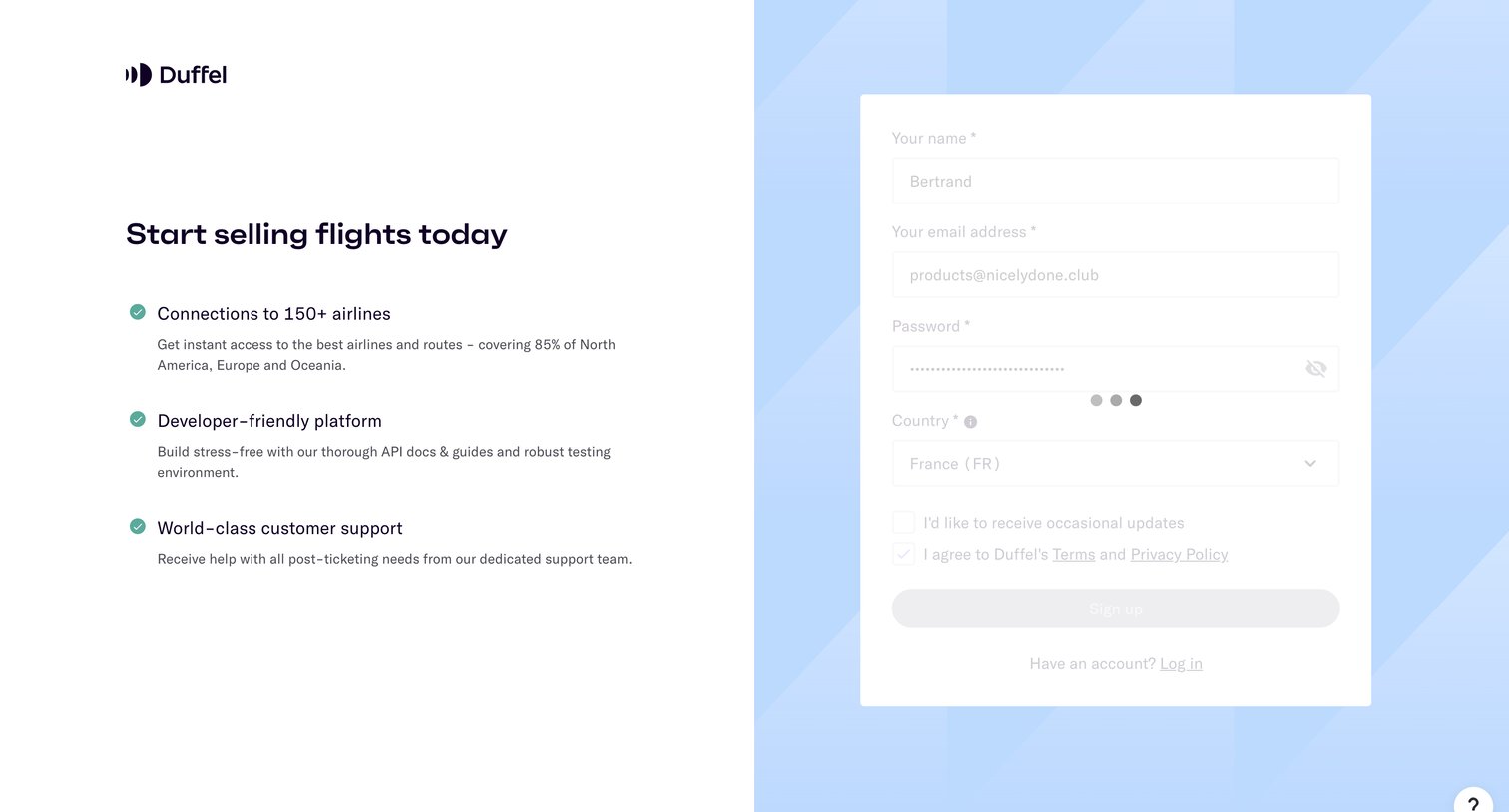 Duffel - httpsapp.duffel.comjoin screen