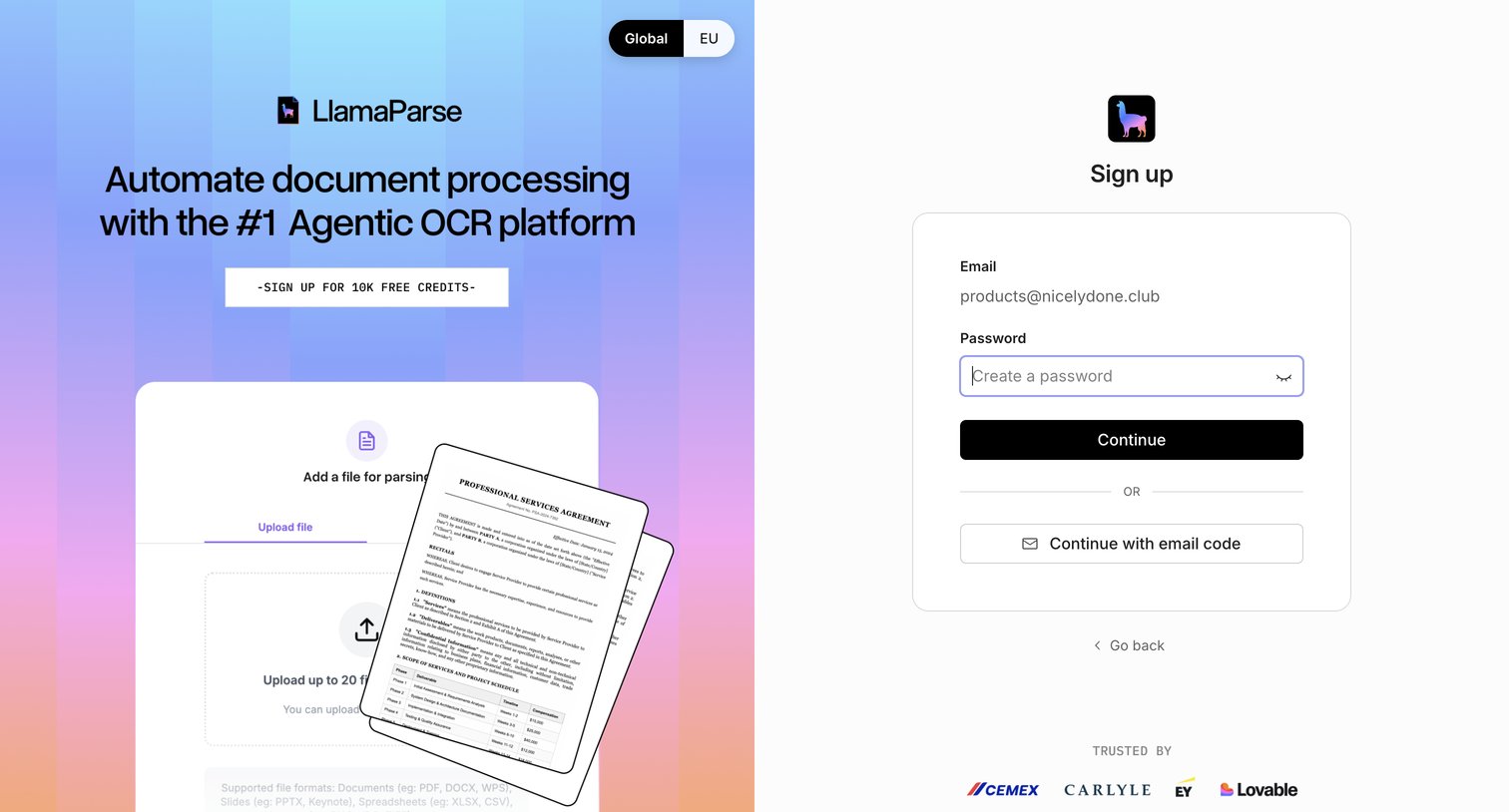 Llamaindex - Sign up screen