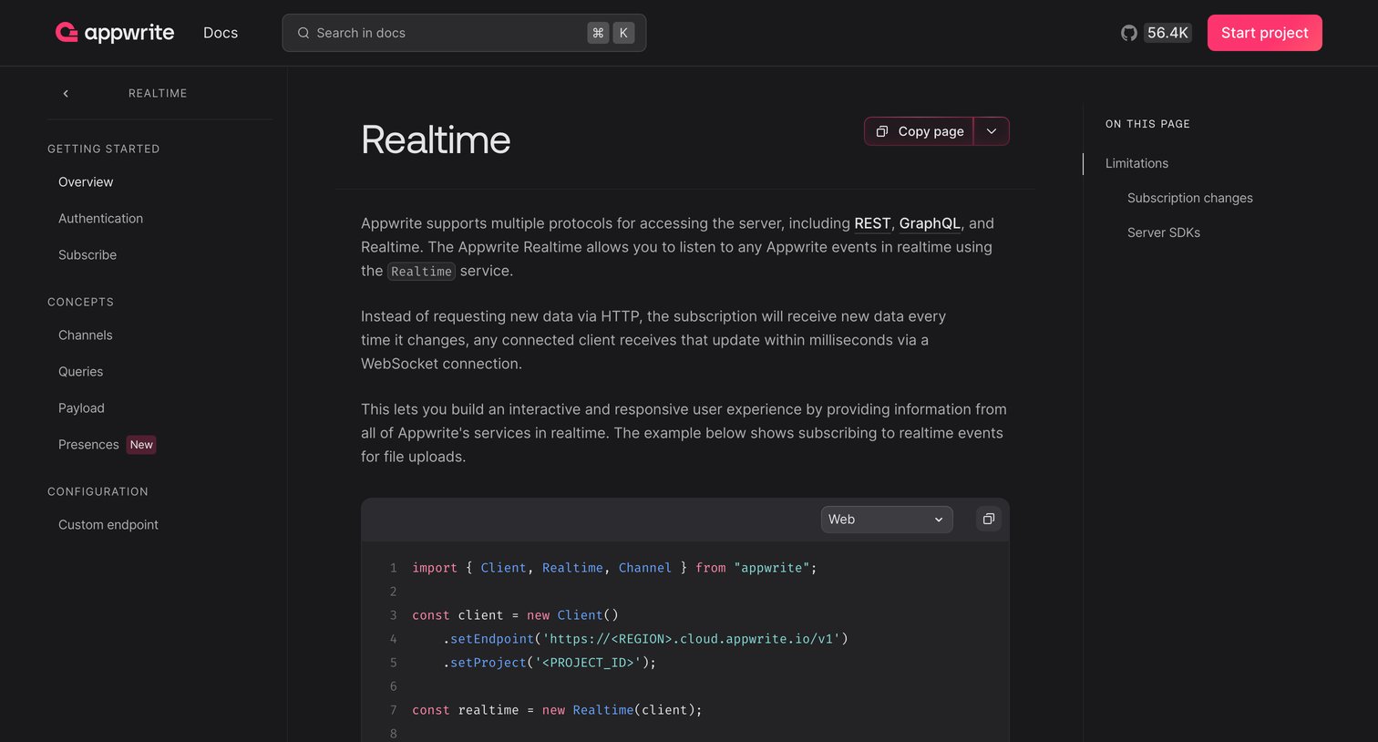 Appwrite - Realtime - Docs - Appwrite screen