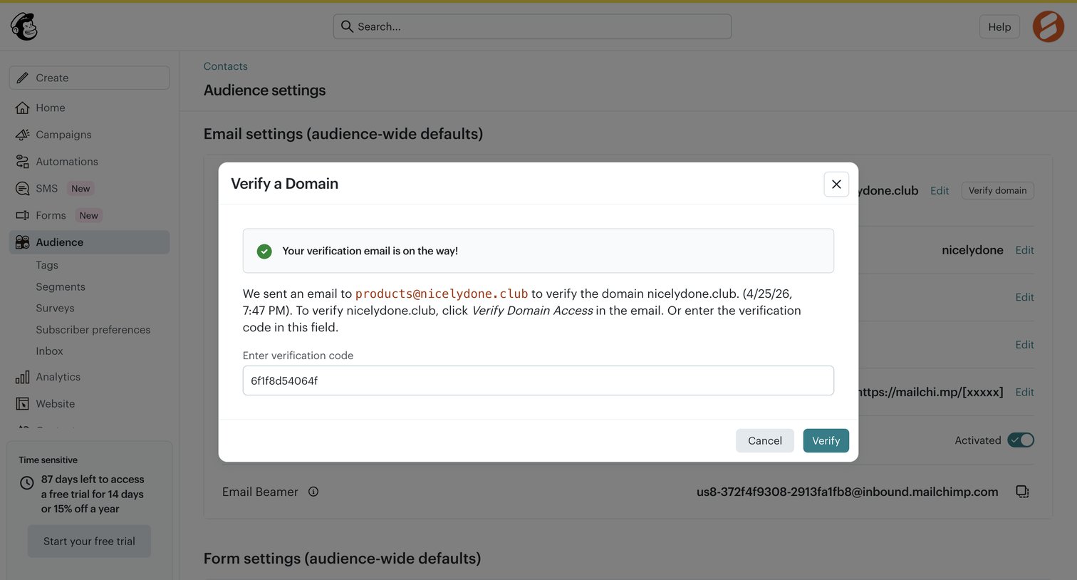 Mailchimp - Audience settings | Mailchimp screen