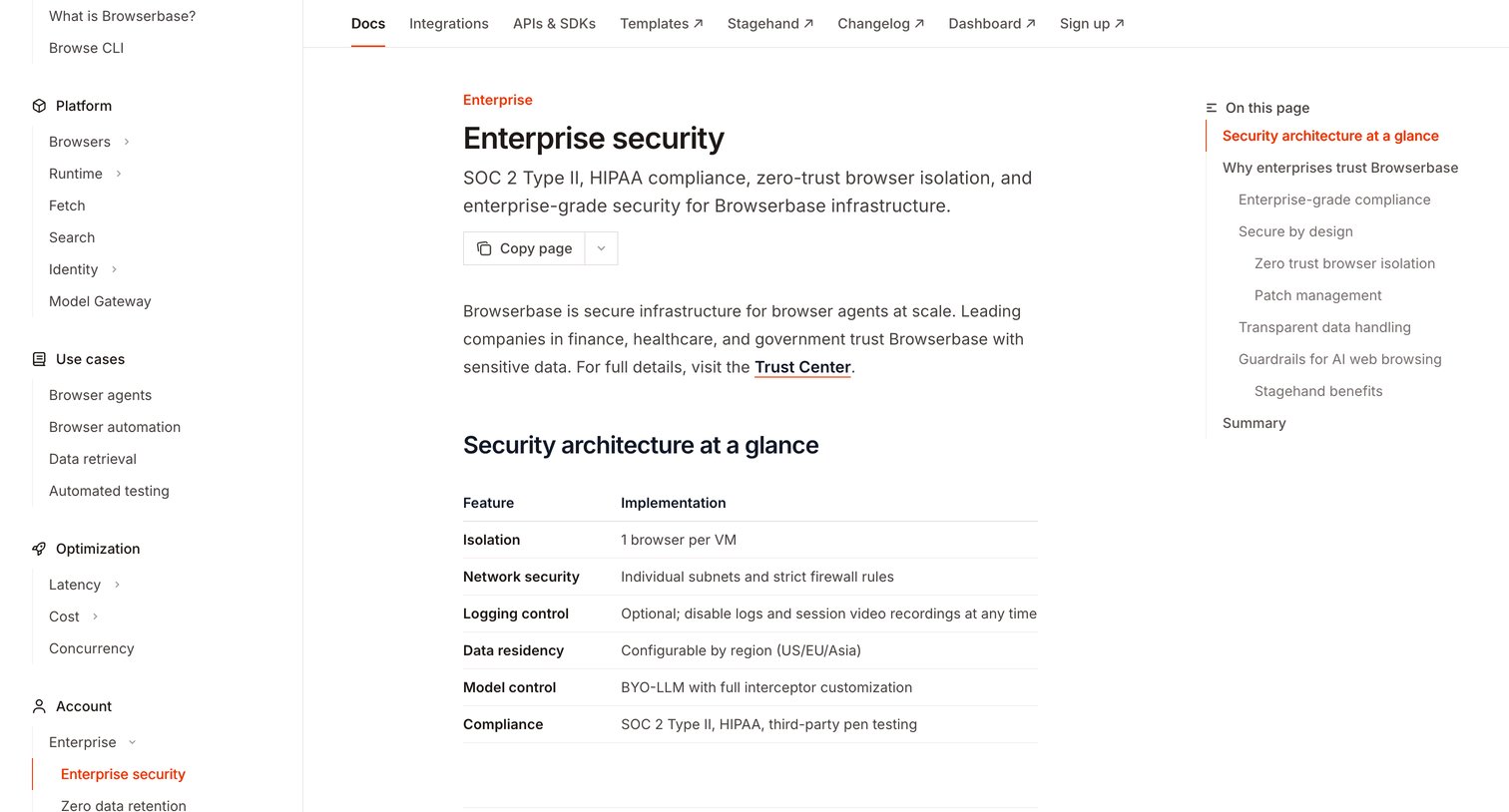 Browserbase - Enterprise security - Browserbase Documentation screen