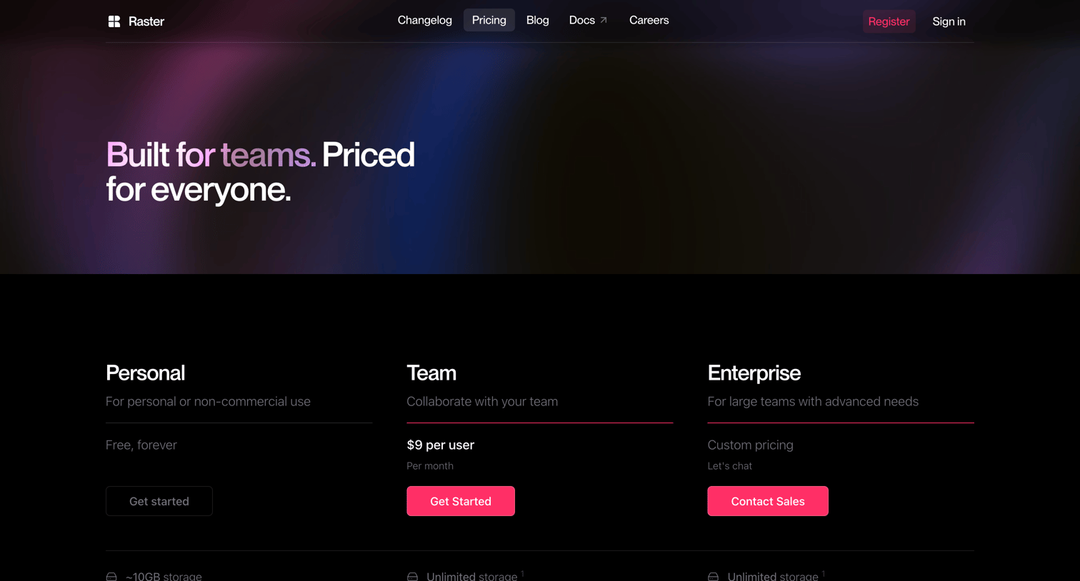 Raster - Raster Pricing screen