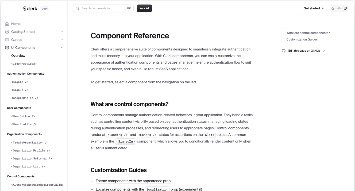 Clerk - Component Reference screen