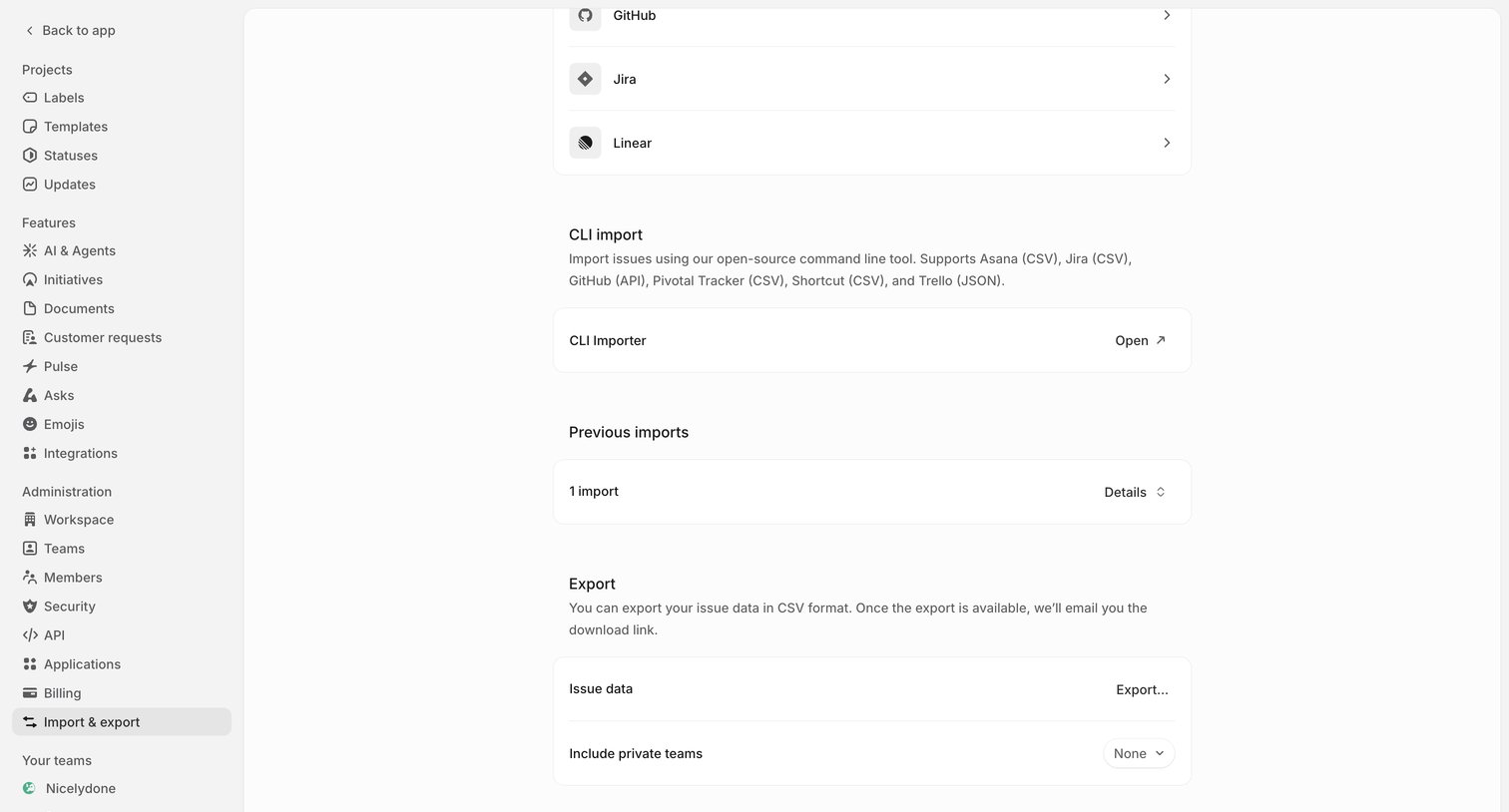 Linear - Import & export screen