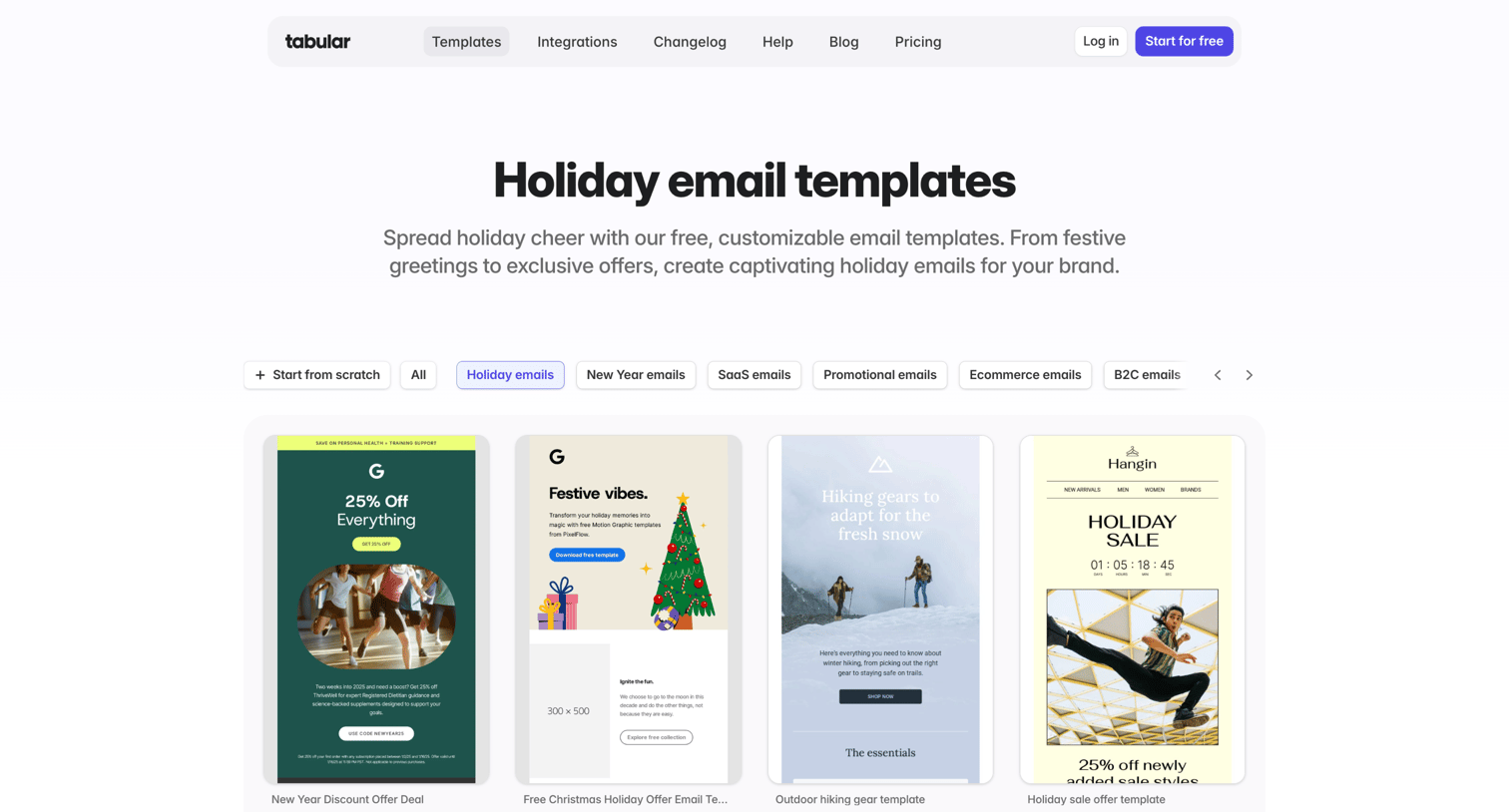 Tabular - Free holiday email templates screen