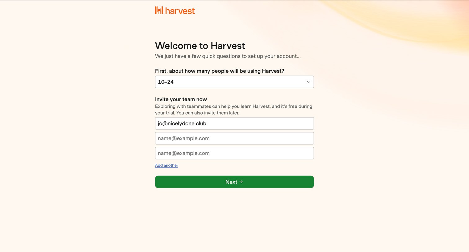 Harvest - Welcome to Harvest screen