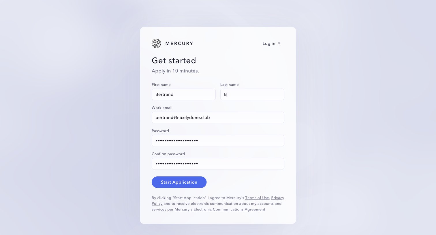 Mercury - Sign Up | Get Started  Mercury screen