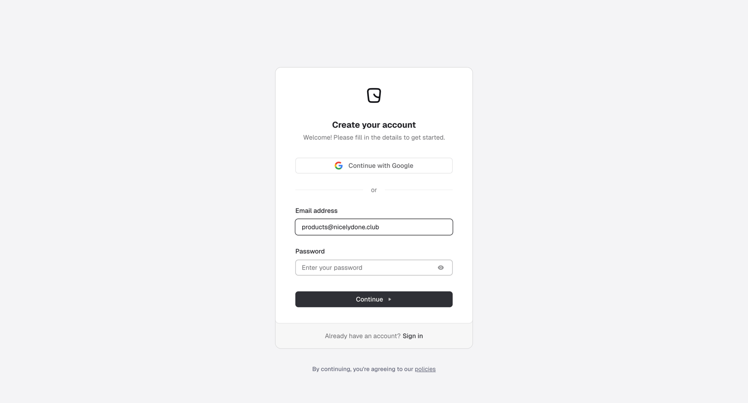 Reflag - Sign-up screen