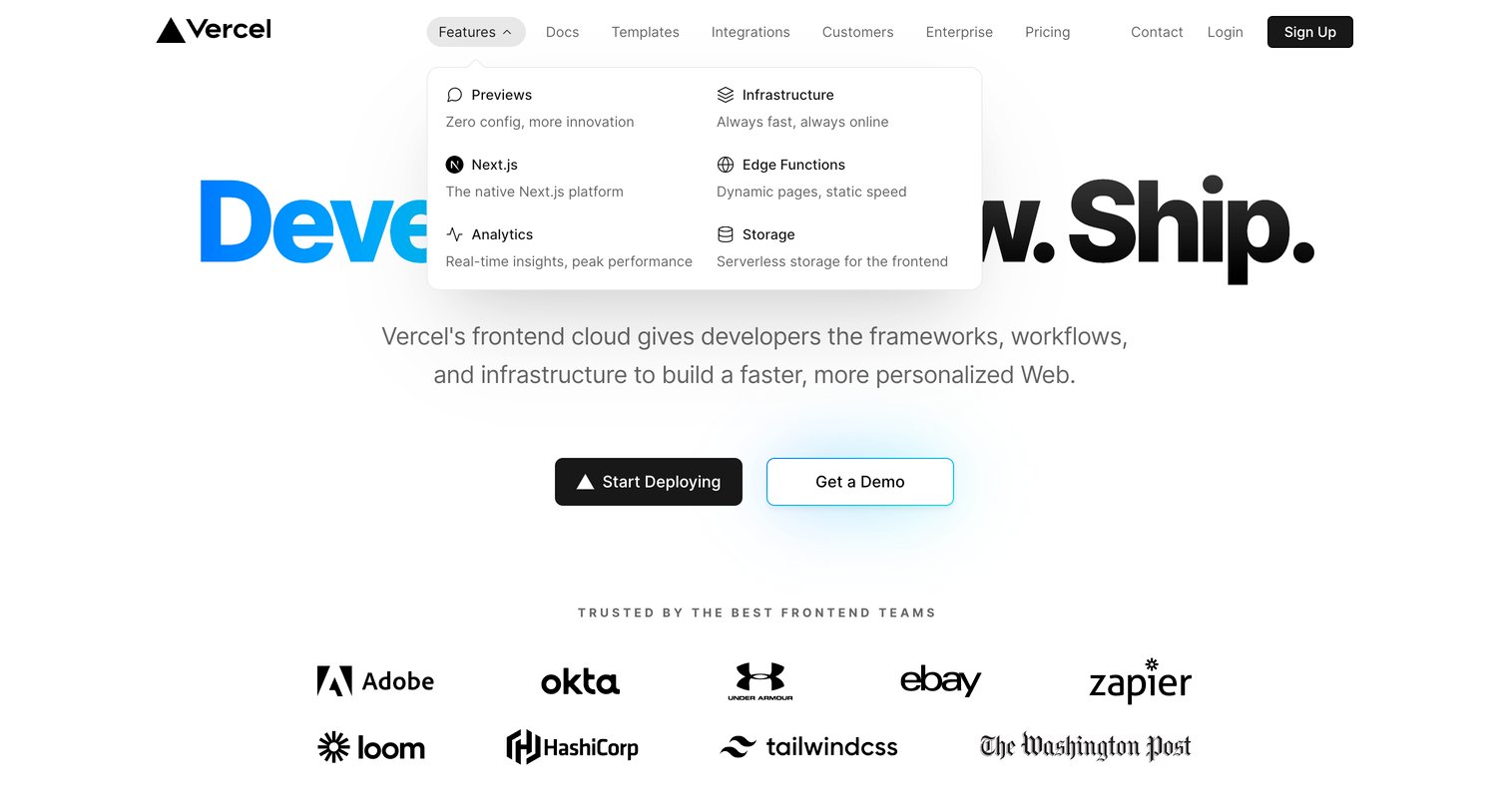 Vercel - Vercel Develop. Preview. Ship. For the best frontend teams screen