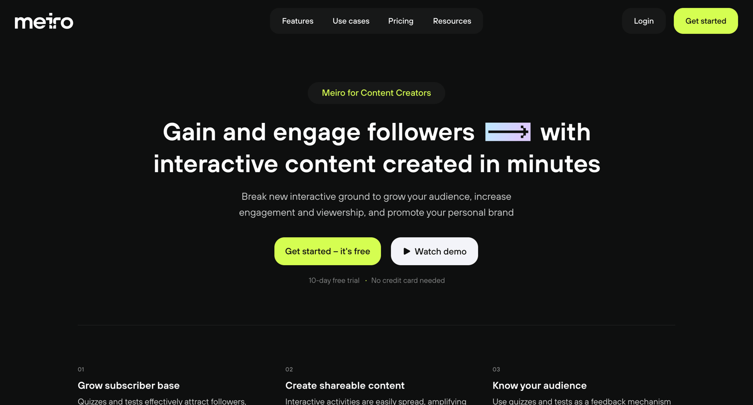 Meiro - Meiro for Content Creators · Gain and engage followers with inter screen