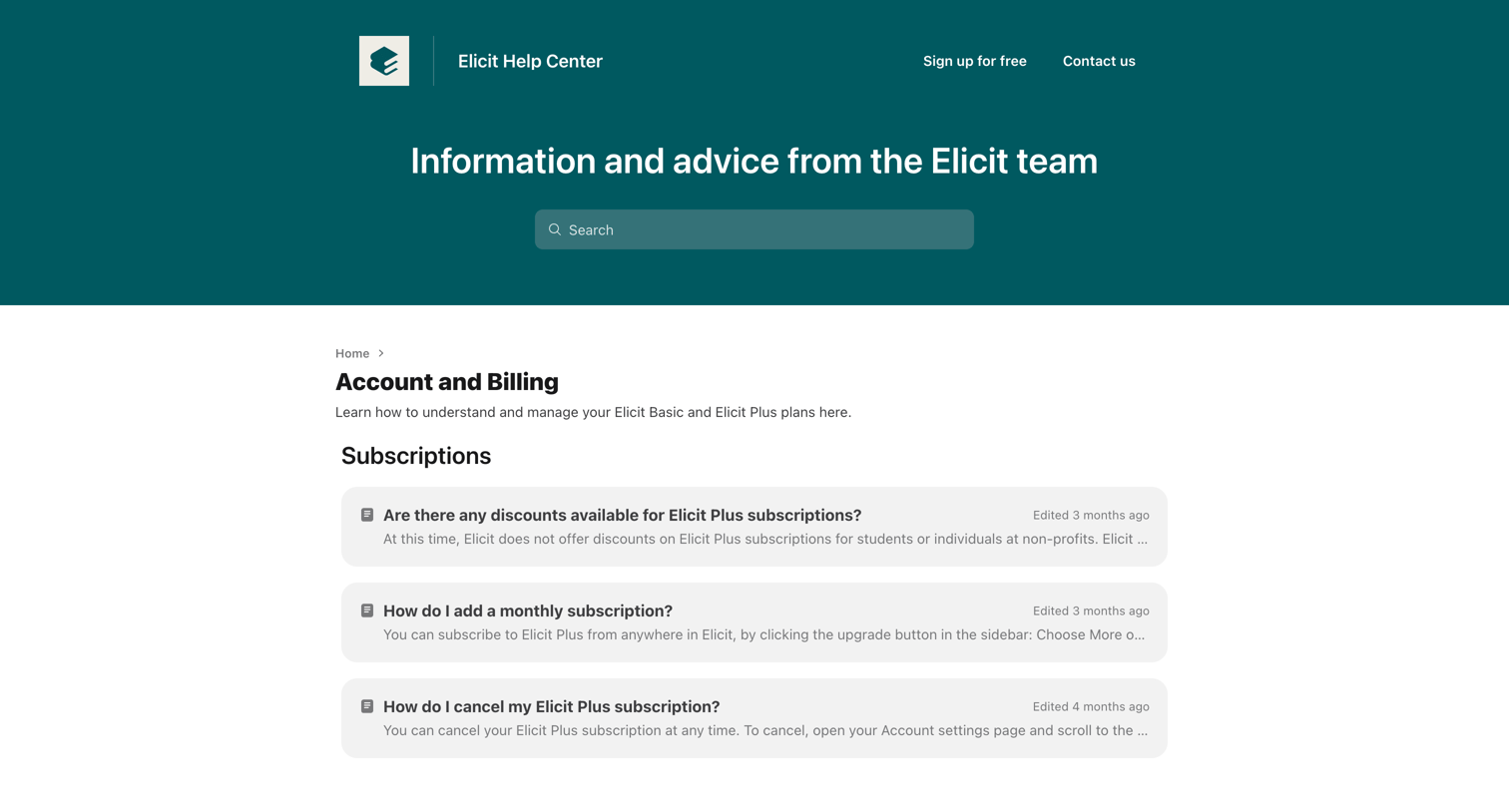 Elicit - Elicit Help Center screen