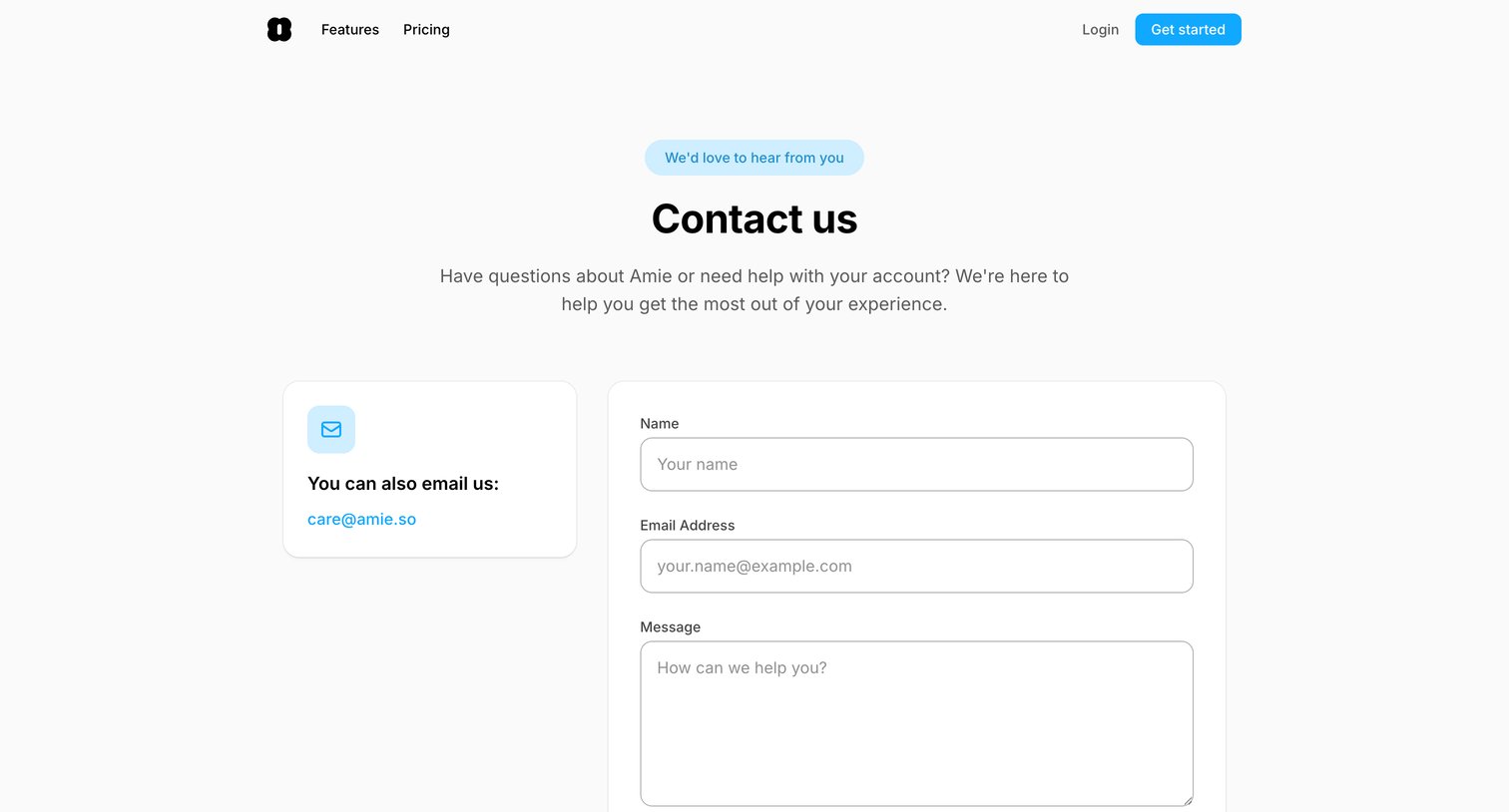 Amie - Contact us  Amie screen