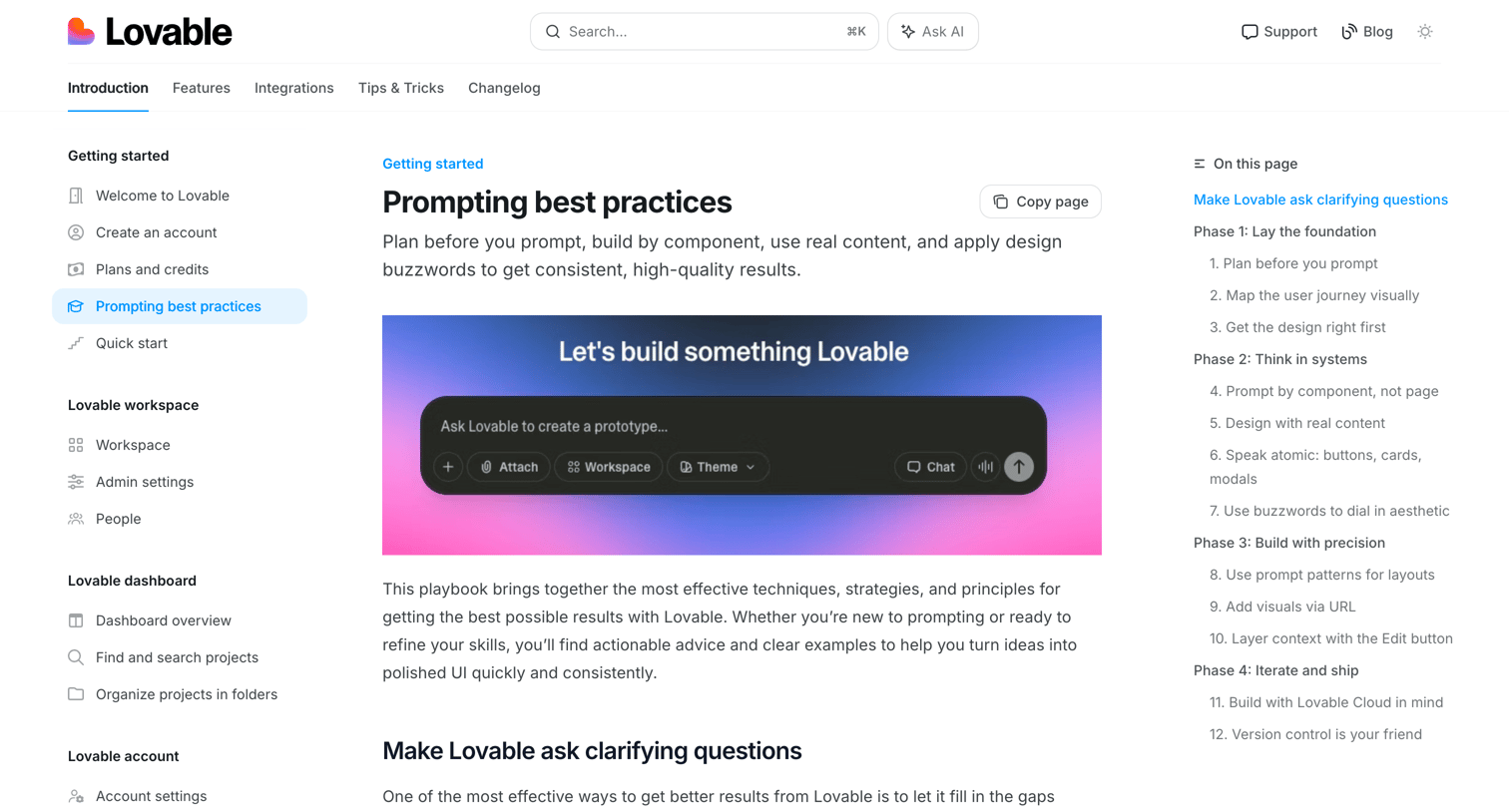 Lovable - Prompting best practices - Lovable Documentation screen