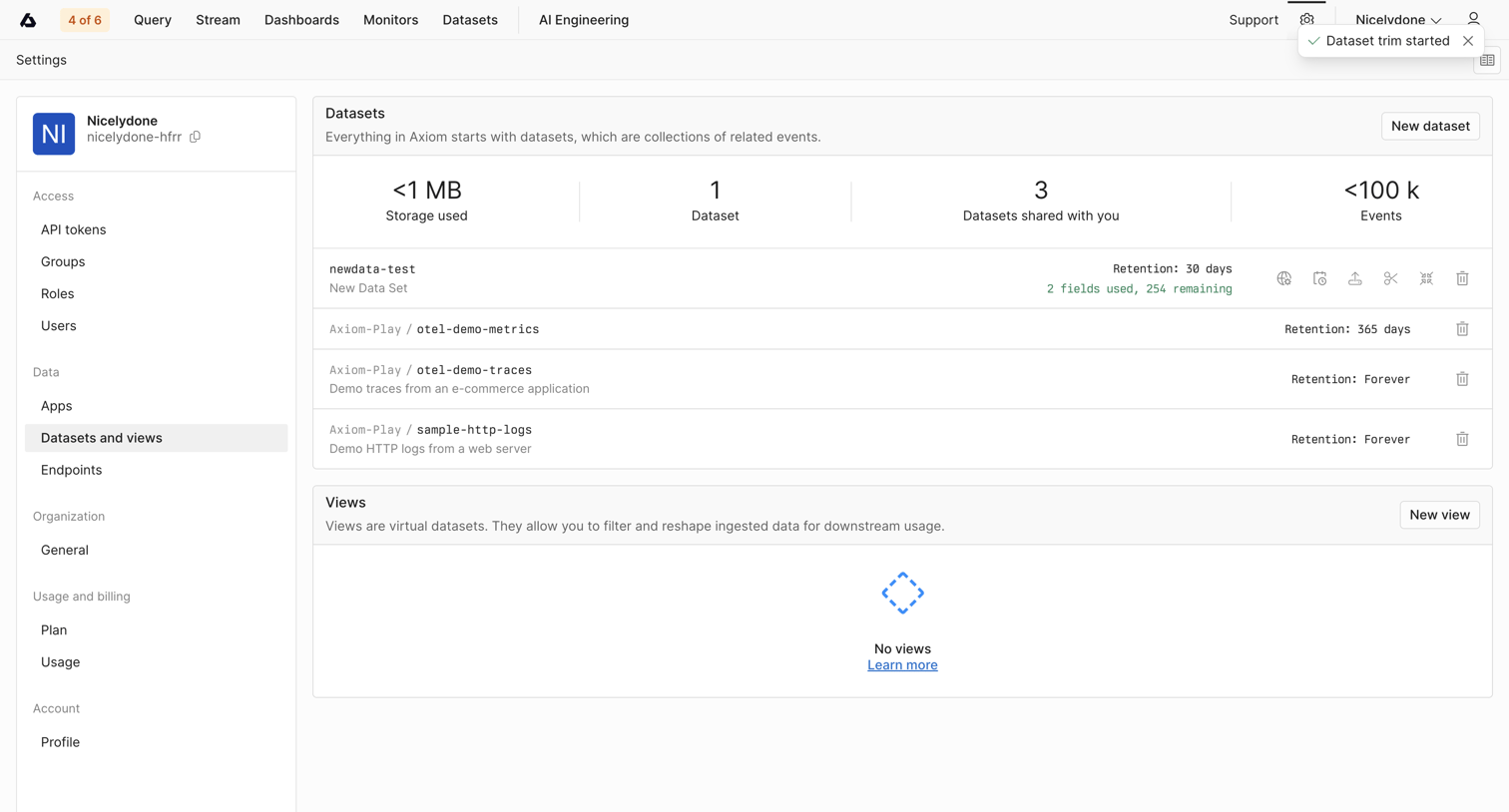 Axiom - Datasets and Views - Settings - Axiom screen