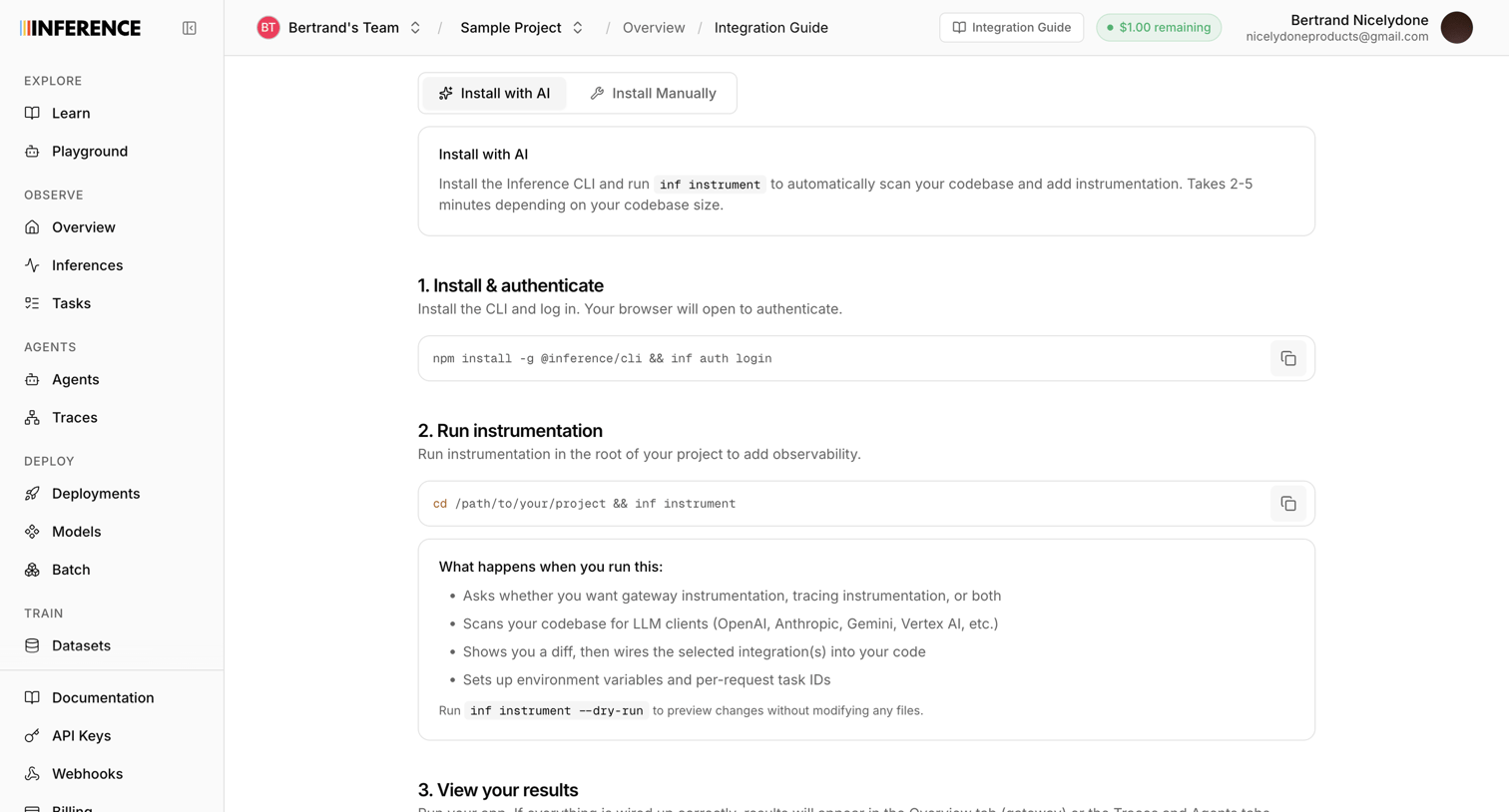 Inference - Integrate | inference.net screen