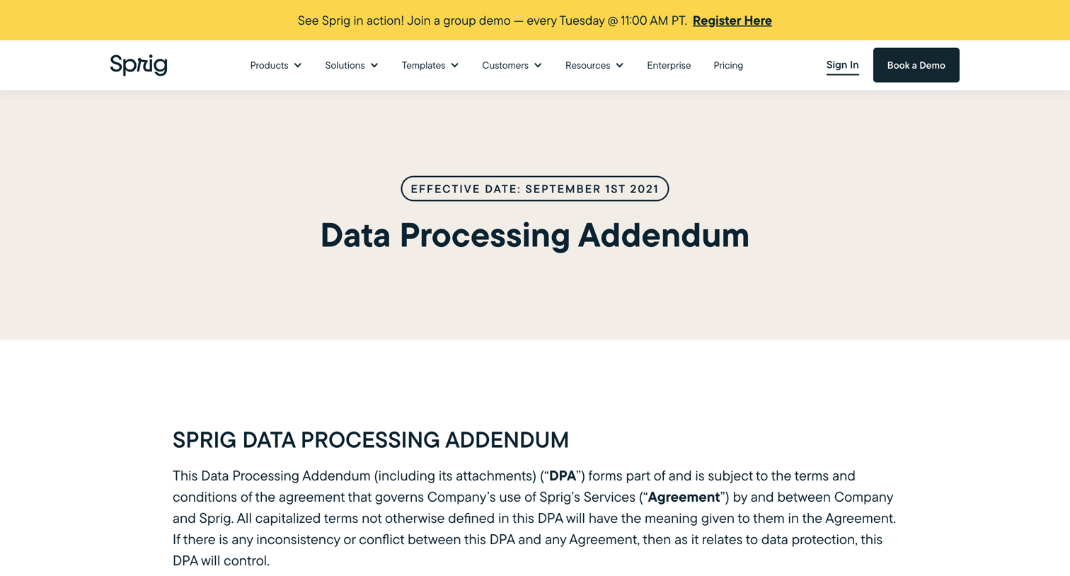 Sprig - DPA Legal Information | Sprig screen